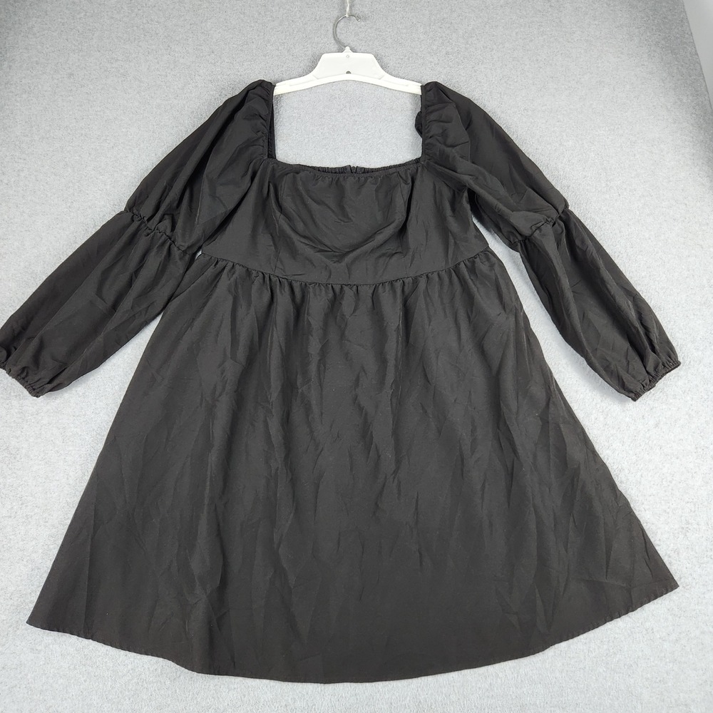 Exlura Mini Dress Womens 2XL Black Stretch Square Neck Long Puff Sleeve Smocked